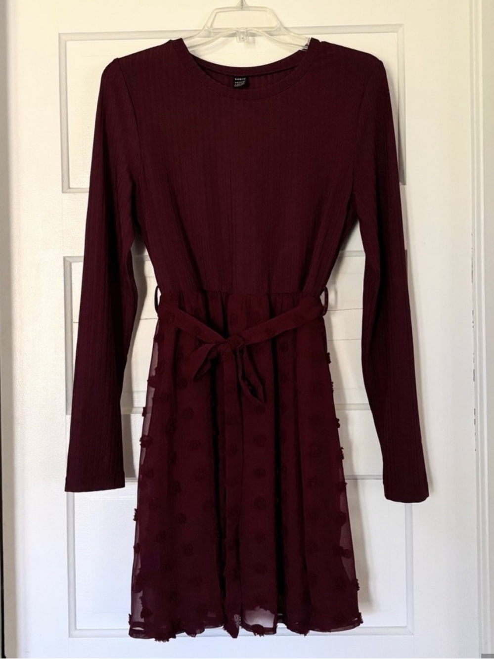 SHEIN Burgundy Long Sleeve Tie-Waist Dress